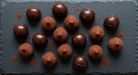 Obraz premium Overhead view of assorted chocolate truffles on dark surface