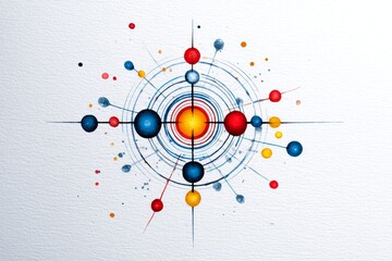 Colorful Abstract Network Design - Abstract artwork depicting a network of interconnected nodes, vibrant colors, circular patterns, and a central focus point