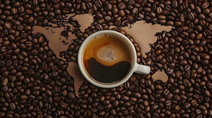Fototapeta premium Global Coffee Beans, Espresso Cup on World Map
