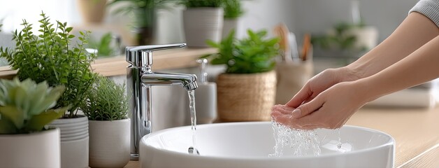 Close-up of hands washing under flowing water at a white bathroom sink, representing self-care and hygiene during a busy workday