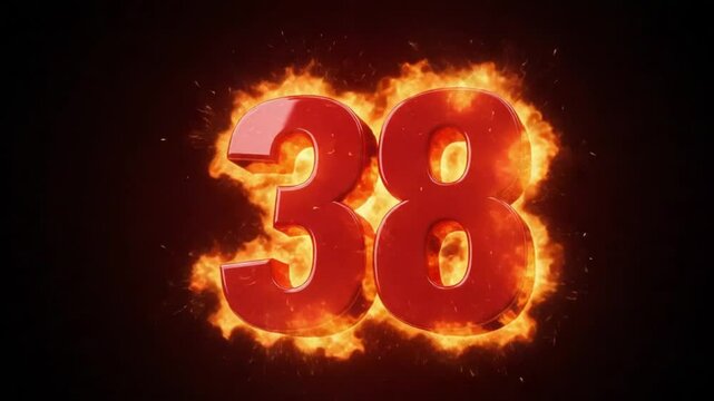 3D red number '38' with fire sparks &mdash; intense and bold.