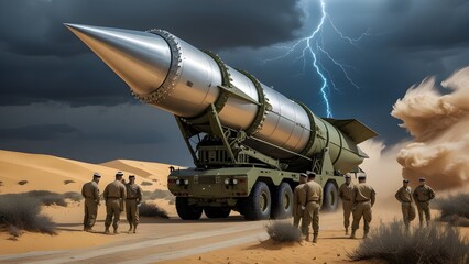 A large missile on a mobile launch platform is surrounded by military personnel under a dramatic sky with lightning. The scene conveys a sense of power, tension, and military readiness in potentially 