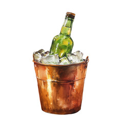 Watercolor Illustration of a Green Beer Bottle in a Copper Ice Bucket