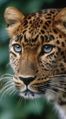 Fototapeta premium Close Up Portrait of Amur Leopard Showing Striking Blue Eyes and Spot Pattern with Soft Green Bokeh Background