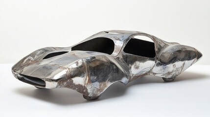 Futuristic sculptural car model showcasing sleek design and metallic finish on a minimalist background