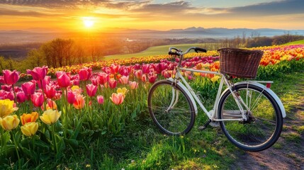 Fototapeta premium Bike route through tulip fields in bloom with straight cycling path