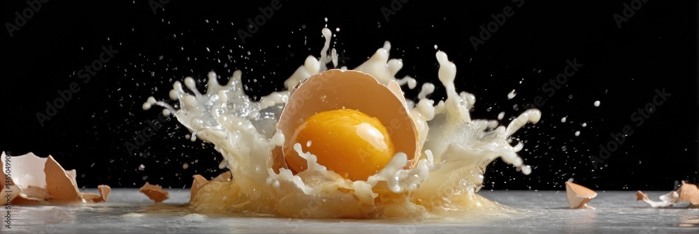 Fototapete yolk splashes dramatically in mid-air above the shattered shell on a clean, white surface against a 