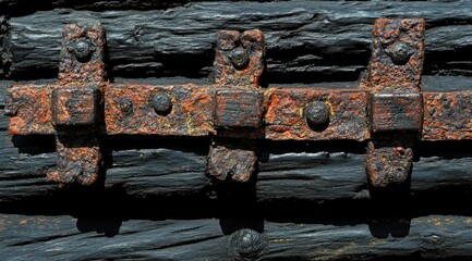 Rusty metal straps fastened to dark wood beams.  Details of aged ironwork on a charred wooden surface