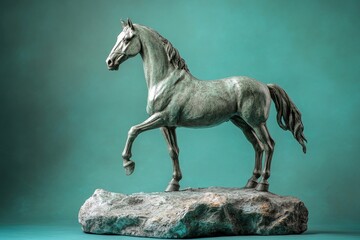 Obraz premium A metallic equine sculpture atop a stone pedestal.