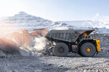 Zelfklevend Fotobehang Heavy machinery operating in snowy open-pit coal mine during wintertime. Concept mining industry work © Parilov