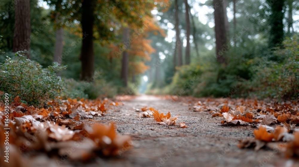 Poster a tranquil forest path winds through trees, covered with a carpet of fallen leaves in shades of oran