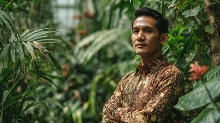 Naklejka premium Man poses in a botanical garden, serene backdrop