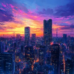 Fototapeta premium Colorful lights across Tokyo skyline during evening time high resolution picture