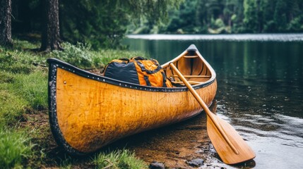 Canoe resting on lakeshore beside paddle, gear, and life jacket neatly placed