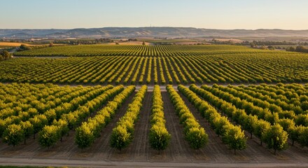 Expansive Almond Orchards with Rolling Hills in California Central Valley