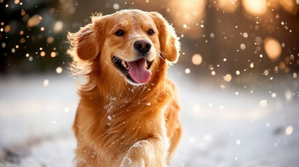 Golden retriever joyfully running through a snowy landscape with sunlight filtering through trees