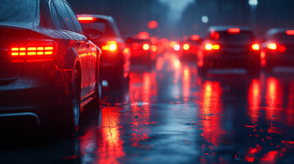 Traffic lights reflection on wet road during rainy night, urban transportation safety concept with cars in city