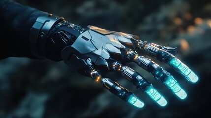 Futuristic robotic hand with glowing elements reaching out amidst a sci-fi landscape
