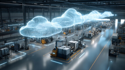 Modern smart factory featuring cloud driven machines, showcasing advanced technology and automation. environment is illuminated with futuristic design, emphasizing efficiency and innovation