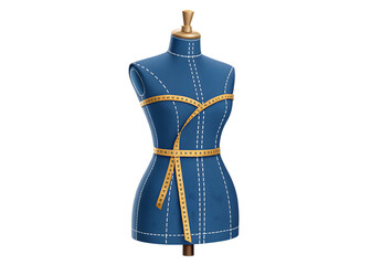 A blue tailor mannequin with a yellow measuring tape on a black background in a studio shot