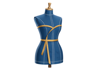 A blue tailor mannequin with a yellow measuring tape on a black background in a studio shot