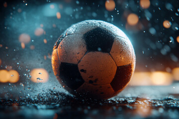 Soccer ball rolls on lunar surface amidst chaos and cosmic backdrop during an otherworldly moment