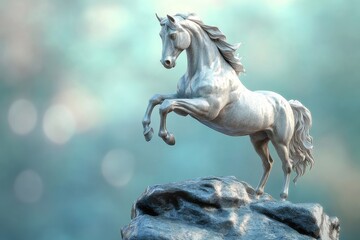A graceful, leaping horse sculpture atop a rock formation.