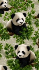 Obraz premium Cute Panda Cubs Relaxing in Lush Green Trees Adorable Animal Wildlife Scene Nature Illustration