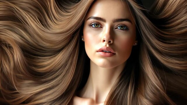 close up woman with silk smooth long brunette hair flow in air, coloring hair, beauty hairstyle