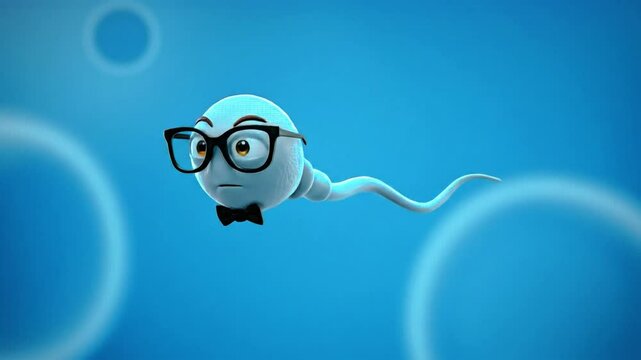 Cute Sperm cartoon with sunglasses and bowtie on blue background.