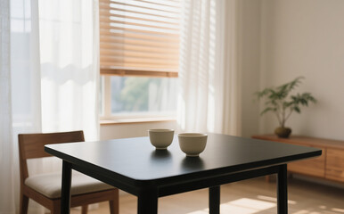 "A matte cream ceramic tea cup in a minimalist style, placed on a matte black table near a large window with warm morning light filtering through white linen curtains. The room's interior follows 