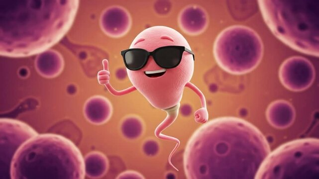 3D rendered sperm cartoon using sunglasses, abstract red and blue cells depict microscopic bacteria and virus in a human vein, highlighting medical biology and healthcare.