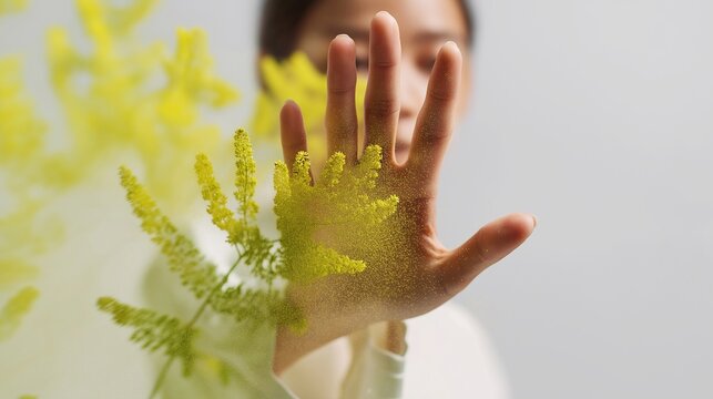 Woman's hand raised to block airborne ragweed pollen. Concept of seasonal allergy prevention, sensitivity to nature, and immune protection from environmental triggers.