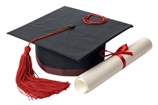 A graduation cap with red tassel and diploma tied with red ribbon on a white background