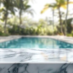 Fototapeta premium White marble table top with blurred pool background for product display.