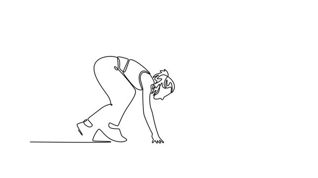 Animated self drawing continuous line draw female runner using starting block to start run on running track in stadium. Woman athlete practicing speed running marathon. Full length one line animation