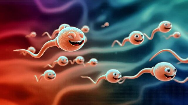 A group of Sperm cartoon swimming around.