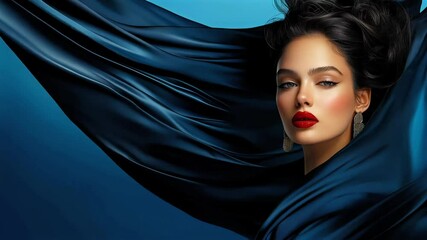 Elegant woman framed by flowing blue fabric, striking red lips enhancing beauty. Fabric and beauty create dynamic contrast, emphasizing woman elegance, timeless beauty.
