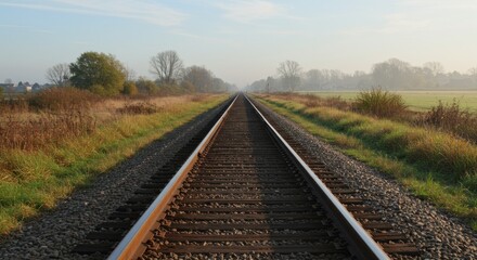 Fototapeta premium Railway track through fields under hazy sky