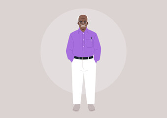 A senior man stands upright, wearing glasses and a neatly pressed shirt, exuding confidence, His balding head highlights a life of experience, complemented by a calm demeanor