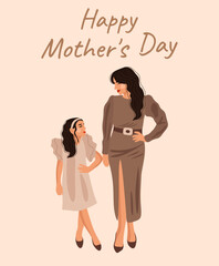 Illustration of mom and daughter on light pink background. Greeting card for Happy Mother's Day