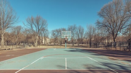 Empty basketball court in an urban park, early morning light casting long shadows