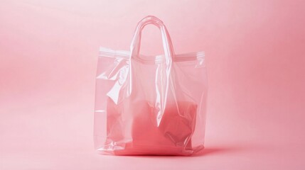 Clear plastic shopping bag, light pink hue