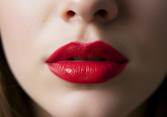 Fototapeta premium close-up of female lips with glossy red lipstick on smooth skin background