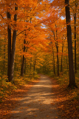 Autumn forest trail with golden orange leaves
