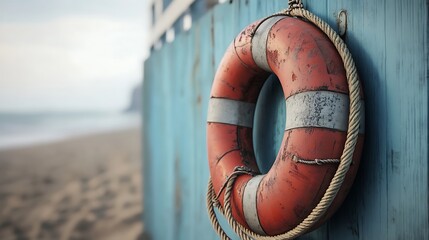 Weathered orange lifebuoy tied with rope hangs against a faded blue wooden wall near the beach