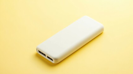 White rectangular portable power bank on a pastel yellow background