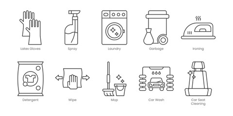 Cleaning  Outline Icons Set – Laundry, Spray, Vacuum Cleaner, Detergent, Garbage, Ironing, Mop, Wipe, Car Seat Cleaning, Car Wash, Editable Stroke.