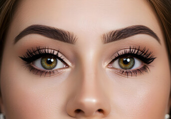 Naklejka premium close-up of stunning green eyes with defined eyebrows and natural makeup