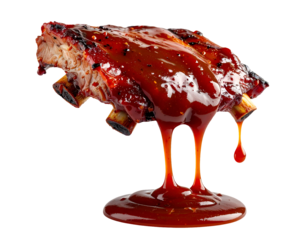 juicy bbq pork ribs with dripping barbecue sauce, isolated on white background, high-resolution food concept
